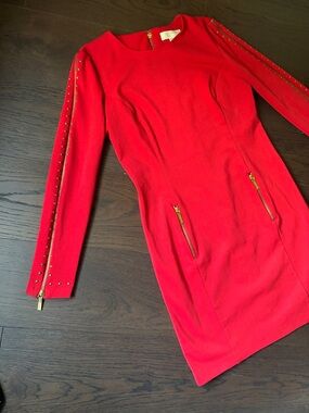 Michael Kors Red Bodycon Dress w/ Gold Studded Zip Sleeves & Front Zip Pockets